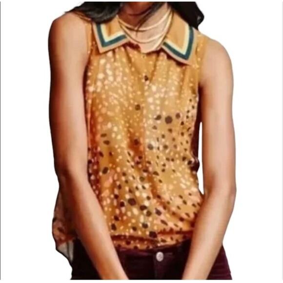 Cabi Gold Ochre Cheerful Women Shirt Small # 3436 Button Up Polka Dot Sheer Art - Picture 1 of 12